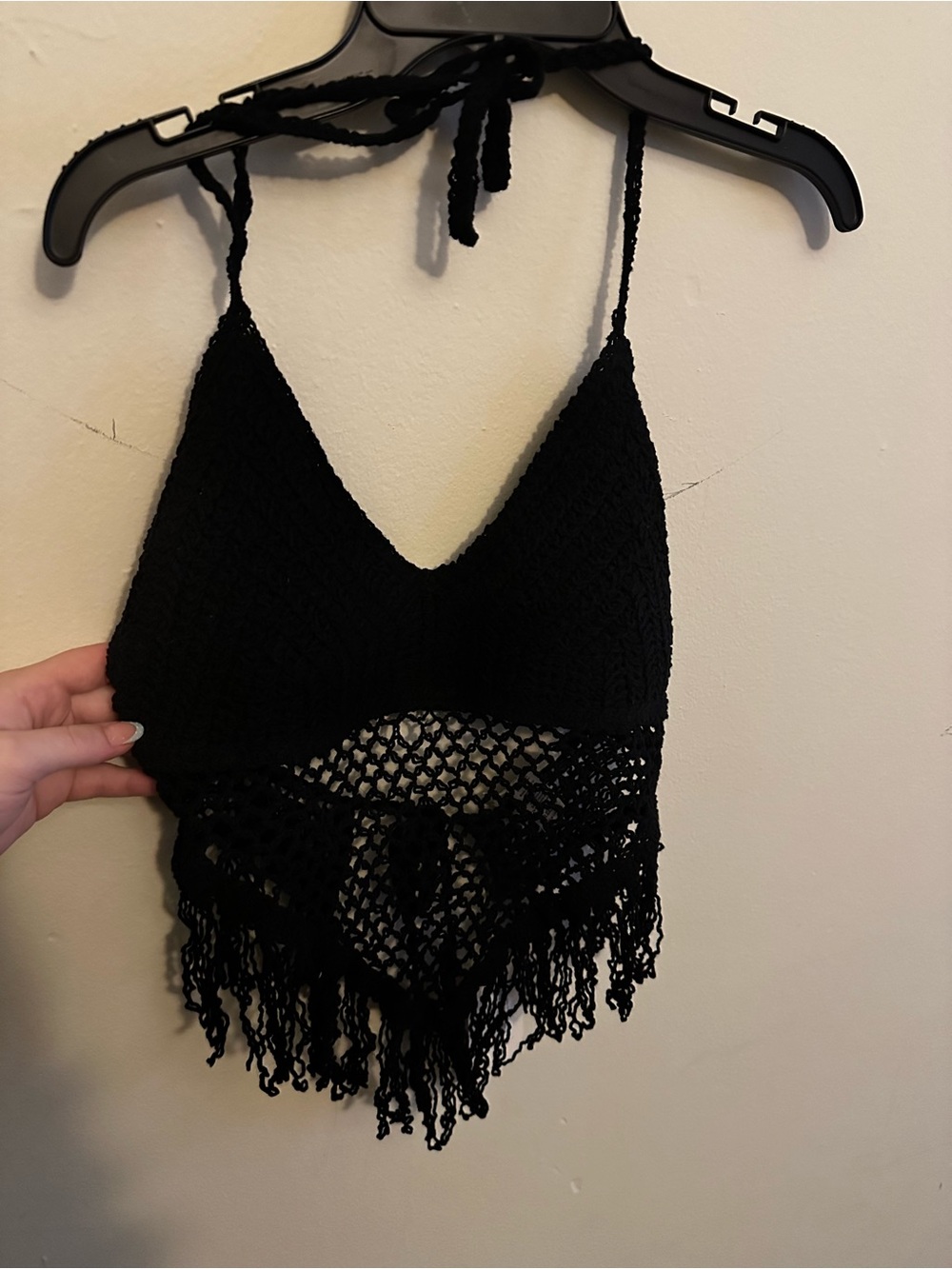 Black Crochet Fringe Halter Crop Top